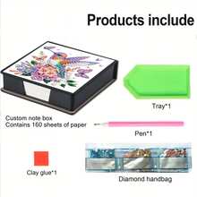 1pc DIY Diamond Art Asymmetrical Rhinestone Inlaid Painting, Bird Pattern. Black Faux Leather Self-Adhesive Memo Pad Box - Includes 160 Memo Notes. Ideal For Home, Office And School Supplies, Handicraft. Cute Stationery. Holiday Gift. - View 8