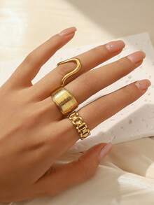 3pcs Minimalist Stainless Steel 18K Gold Plated Leaf & Flower Open Ring Set For Women, Hollow Design, Suitable For Daily, Festival, Date, Birthday, New Year Celebration Accessories Or Gift - Gold - View 7