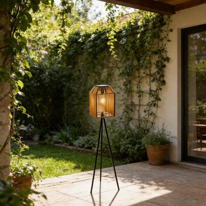 Solar Floor Lamp For Outdoor Patio, IP44 Waterproof Weather Resistant, Boho Rattan Floor Lamp With Anti-Rust Tripod Stand, Modern Bamboo Floor Light For Porch, Backyard, Deck, Garden, Living Room, Corner, Balcony Decor