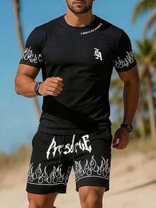 男士夏季薄款T恤套装，休闲时尚T恤短裤套装 - 黑色 - 查看 8