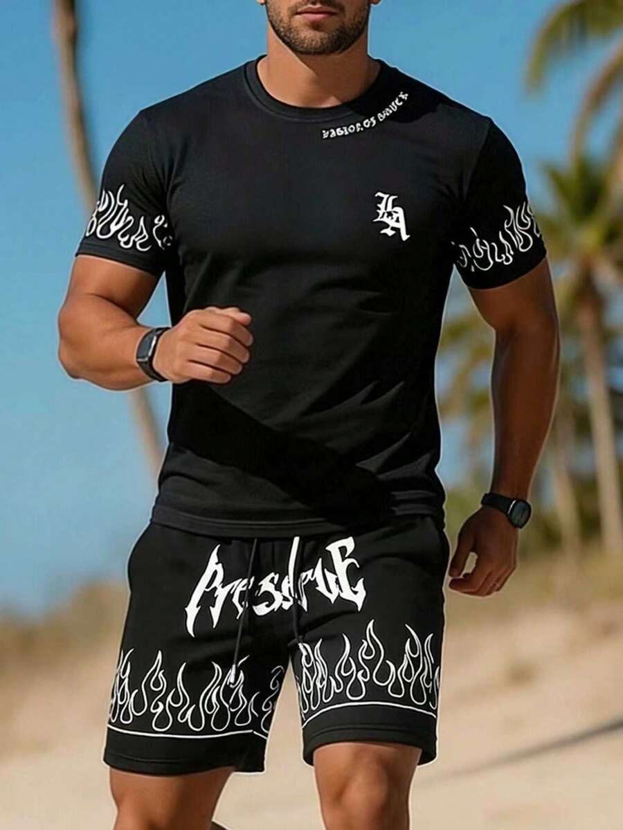 男士夏季薄款T恤套装，休闲时尚T恤短裤套装 - 黑色 - 查看 1