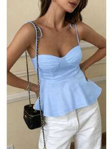 1 Piece Women's Casual Top With Ruffled Hem, Elegant Pure White Minimalist French Tank Top, Fitted Cropped Camisole, Lightweight For Vacation And Work, Front Tied Strap, Sexy Babydoll Silhouette, Spring/Summer/Autumn - 淺藍色 - 查看 1