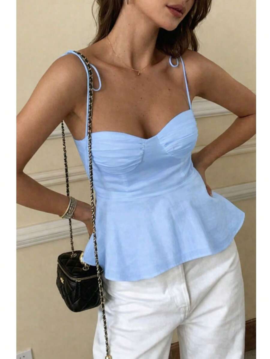 1 Piece Women's Casual Top With Ruffled Hem, Elegant Pure White Minimalist French Tank Top, Fitted Cropped Camisole, Lightweight For Vacation And Work, Front Tied Strap, Sexy Babydoll Silhouette, Spring/Summer/Autumn - 淺藍色 - 查看 1