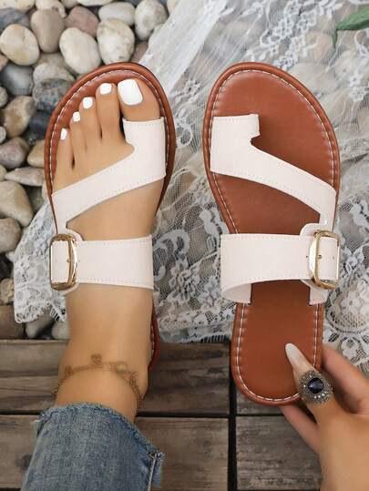 Teens' New Metal Buckle Decor Flat Slide Sandals, Casual Style For Daily Commute, Holiday, Campus, Hanging Out With Friends. Black Flat Slide Sandals, Beige Flat Slide Sandals