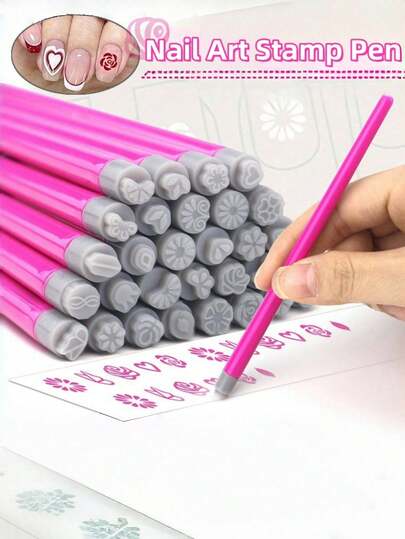 10/30Pcs/Set Silicone Nail Art Stamp Pen Set, Flower Butterfly Pattern Nail Transfer Print Tool, Including Flower Stamp Pen, Stamper With Various Patterns, And Dotting Tools, A DIY Kit For Nail Art,Non-Alcoholic Nail Stamping Kit For Women,Back To School