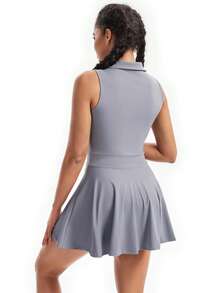 Plain Fitness Dress With Polo Collar And Built-In Shorts With Comfortable Pocket - 灰色 - 查看 2