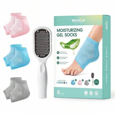Welnove Moisturizing Heel Socks - 3 Pairs Aloe Vera Extract Infused Gel Lining For Dry Feet - Cracked Heel Repair Treatment - Cotton Socks For Women Men Foot Care (Includes Foot File, Extra Large)