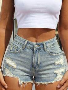 Quần short nữ denim rách dáng ngắn, chất liệu co giãn vừa phải, ống thẳng, thích hợp cho mùa hè. - Màu xanh lam - Xem 2
