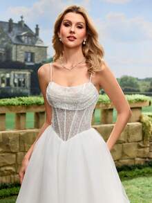 Glamorous Sequin Spaghetti Strap Formal Evening Gown, White Tulle Wedding Dress With Train Spring - White - View 6