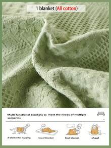 1pc Soft & Comfortable New Waffle Gauze Blanket - 100% Pure Cotton, Skin-Friendly, Solid Color, Suitable For Bed, Sofa, Pillow - Perfect For Relaxation And Snuggling - Quietly Weaving Words In Light Green - View 11