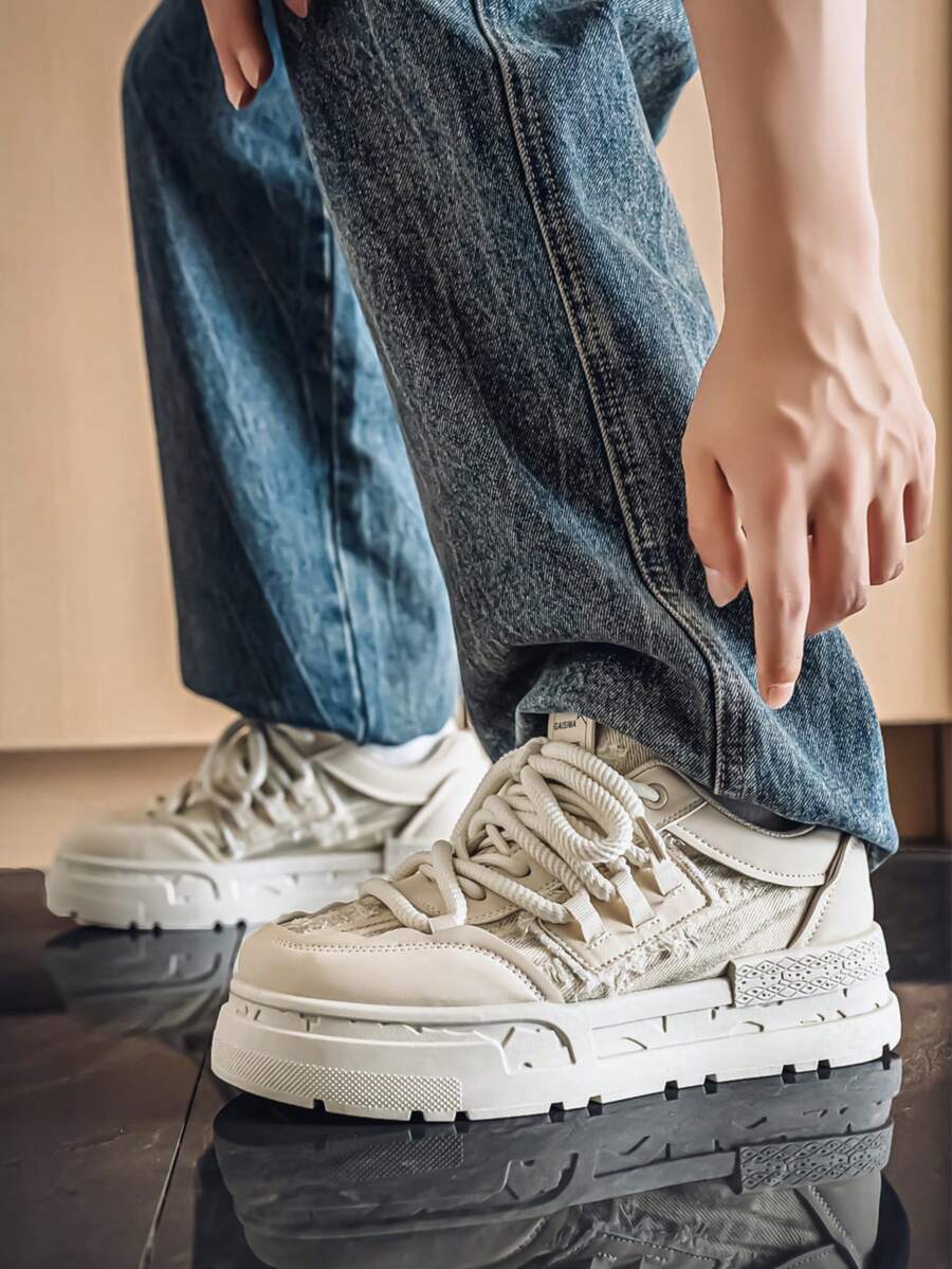 男士滑板鞋，帆布厚底休闲运动鞋，学生鞋 - 米色 - 查看 1