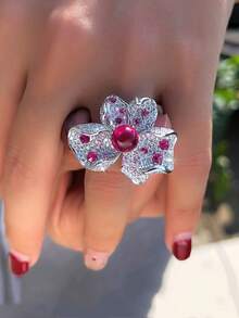 1pc Beautiful Rose Red Cubic Zirconia Big Flower Silver Plated Adjustable Open Ring For Women, Wedding, Engagement, Banquet, Cocktail Party, Brides, Bridesmaids, Girlfriends, Wife Gift - Rose Red - View 3