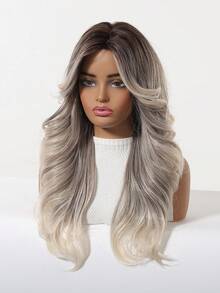 Ash Grey Ombre Body Wave Wig For Women, 22 Inch Machine Made Synthetic Wig With Bangs Heat Resistant - Grey - View 2