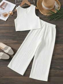 Ensemble 2 pièces Top sans manches + pantalon pour préadolescentes, couleur unie plissée, tenue décontractée pour plage et vacances, printemps/été - Blanc - Voir 2