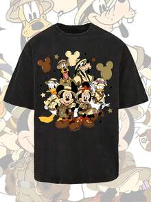 T-shirt d'été à manches courtes pour homme Disney Mickey Mouse et ses amis, effet vieilli, coupe unique, tissu 100% coton, confortable et respirant, style streetwear décontracté, col rond ; une marque de mode de haute qualité, un cadeau surprise idéal pour la famille et les amis. - Noir - Voir 1