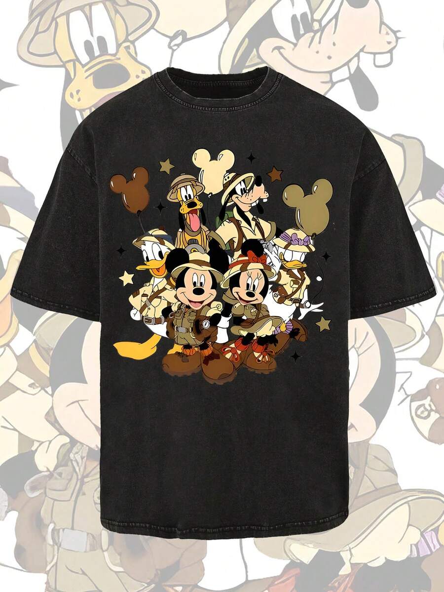 T-shirt d'été à manches courtes pour homme Disney Mickey Mouse et ses amis, effet vieilli, coupe unique, tissu 100% coton, confortable et respirant, style streetwear décontracté, col rond ; une marque de mode de haute qualité, un cadeau surprise idéal pour la famille et les amis. - Noir - Voir 1