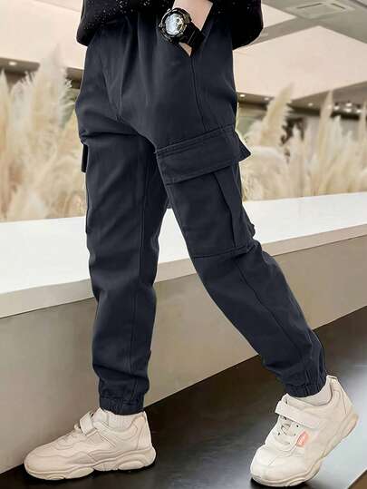 1pc Tween Boys Avant-Garde Minimalist Casual Sports Outdoor Multi-Pocket Cargo Pants, Spring/Autumn