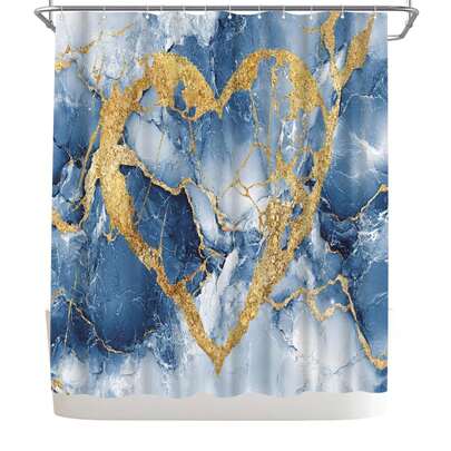 1件大理石纹浴帘，现代抽象金色心形浴室装饰，适用于浴室浴缸隔断、浴室淋浴帘装饰、浴室配件