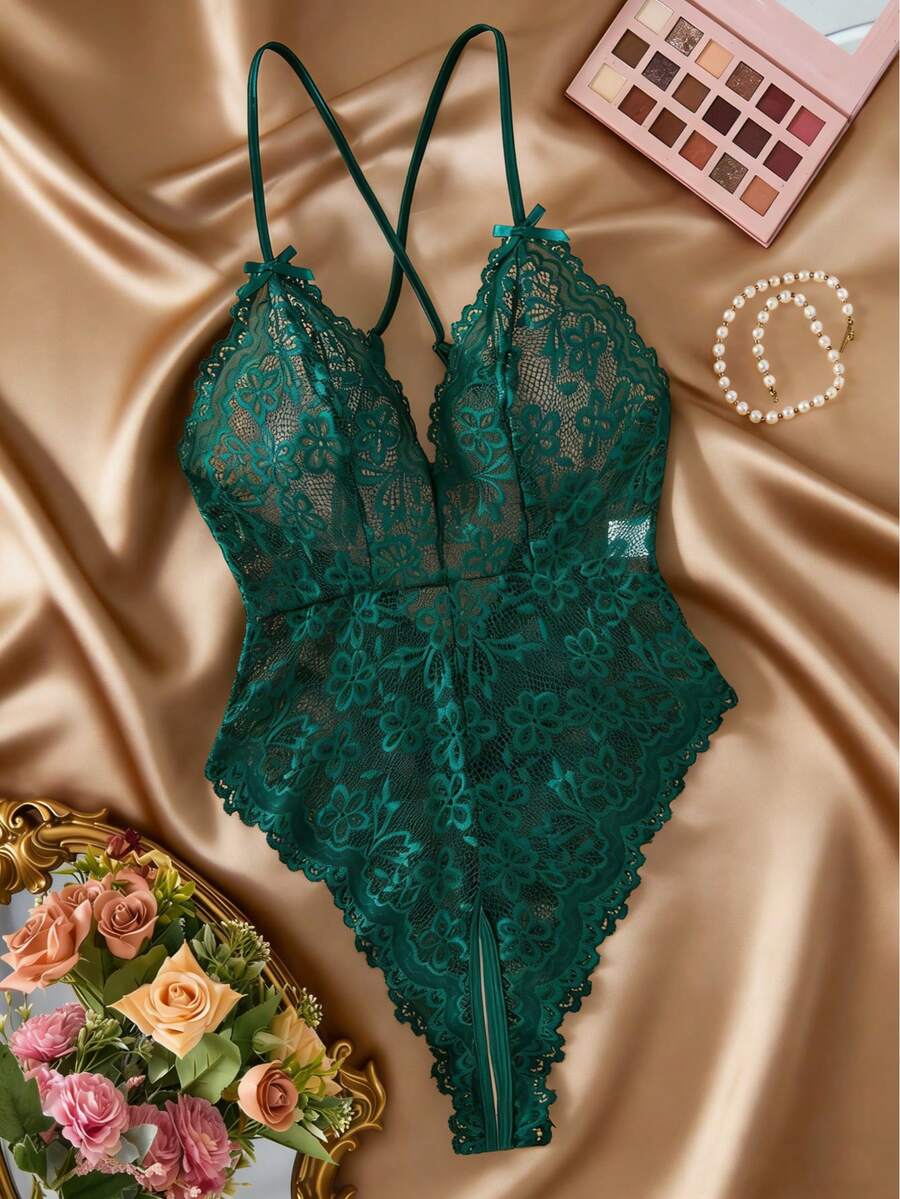 1pc Burgundy Lace Embroidered Backless Jumpsuit, Featuring Soft & Comfortable Open-Crotch Design, Bowknot Decor Sexy & Elegant, Suitable For All Seasons - Green - View 1