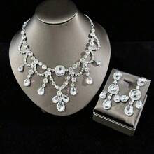 1 Set Exaggerated Crystal Water Drop Pendant Necklace And Earrings Set, Luxury Party Evening Dress Jewelry For Women - Silver - View 9