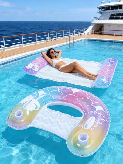 1件装美人鱼主题充气漂浮床，网状面料，U型设计，带杯架，可折叠便携，适用于水边、泳池、沙滩，可作充气浮垫、游泳池漂浮垫使用，需另购气泵。