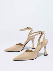 女士高跟鞋，时尚尖头镂空粗跟鞋，踝带套脚凉鞋，适合通勤和办公穿着 - 粉色 - 查看 6