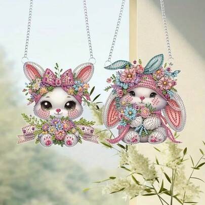 2pcs Cute Rabbit DIY Diamond Pendant Decor, Shiny Acrylic Diamond, Single-Sided Art Hanging, Suitable For Home, Garden, Wall, Door As Holiday Gift