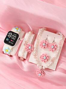 6pcs/Set Girls' Elegant Classic Square LED Heart-Shaped Digital Display Watch With Floral Pattern Strap And Dial. Affordable Price, Suitable For Students To Wear In Back To School Season. Fashionable Stationery Set Includes Electronic Watch, Bracelet, Necklace, Ring And Earrings. Adorable Pearl Flower Children's Accessories, Suitable For Daily Life, School, Gatherings, Travel, Also Can Be Given As Birthday Gifts To Friends. Perfect Gift For Girls. - Multicolor - View 10