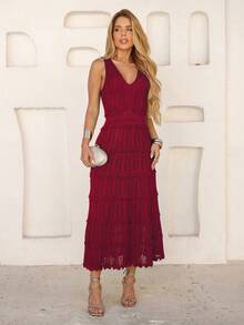 Women's Midi Dress, Knit, Summer, Crochet, Ruffles, Party, Beach, Elegant, Christmas, New Year's Eve, Premium - 焦紅色 - 查看 7
