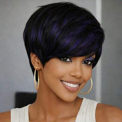 1B/紫色巴西原生人发假发 - 时尚短款层次刘海造型，自然纹理，180%密度，无胶玫瑰网帽，机器缝制，适合日常佩戴、派对、假日，优雅女士假发