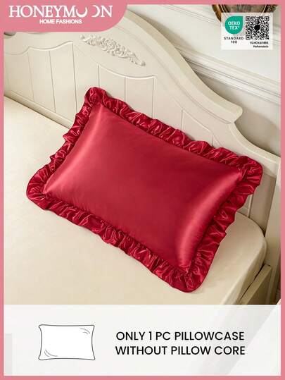 Honeymoon 1pc Satin Pillowcase With Lace-Shiny Satin Fabric Pillow Cover, Luxurious And Silky Smooth, Ultra Soft And Breathable, No Filler, Machine Washable-T F Q K Size For Home And Dorm, Oeko-Tex Certified, Red