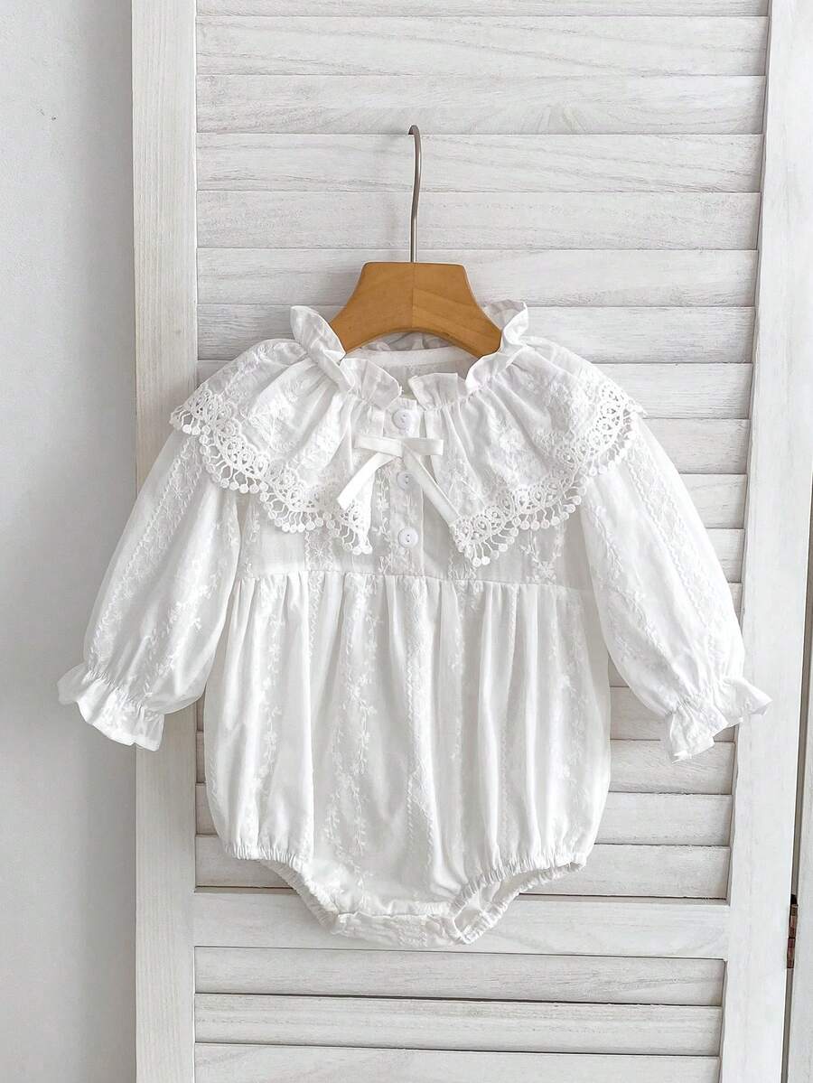 Baby Girls Lace Collar Long Sleeve Bodysuit - White - View 1