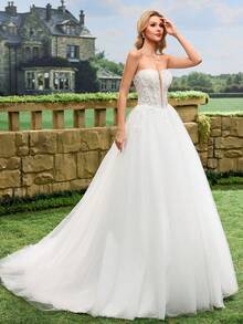 Đầm cưới hoàng gia sang trọng, thanh lịch, màu trắng, cổ chữ V sâu, dây mảnh, dáng đuôi cá, đính sequin và ren, thích hợp cho lễ cưới tại nhà thờ hoặc lễ cưới thân mật. - trắng - Xem 3