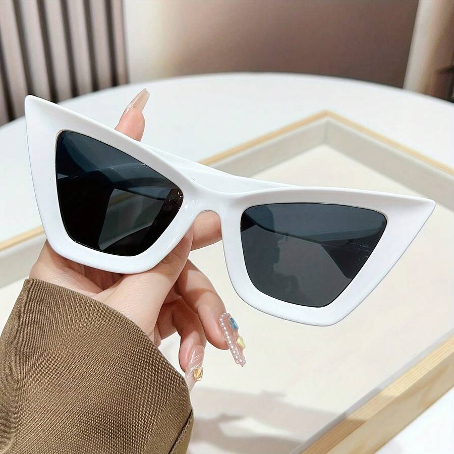 Retro Large Cat-Eye Women's Fashion Glasses - Stylish White Frame With Black Lenses, Suitable For Street Style And Party Wear, Party Glasses|Elegant And Stylish Glasses|Durable Glasses, Cat-Eye Glasses - 白色 - 查看 1