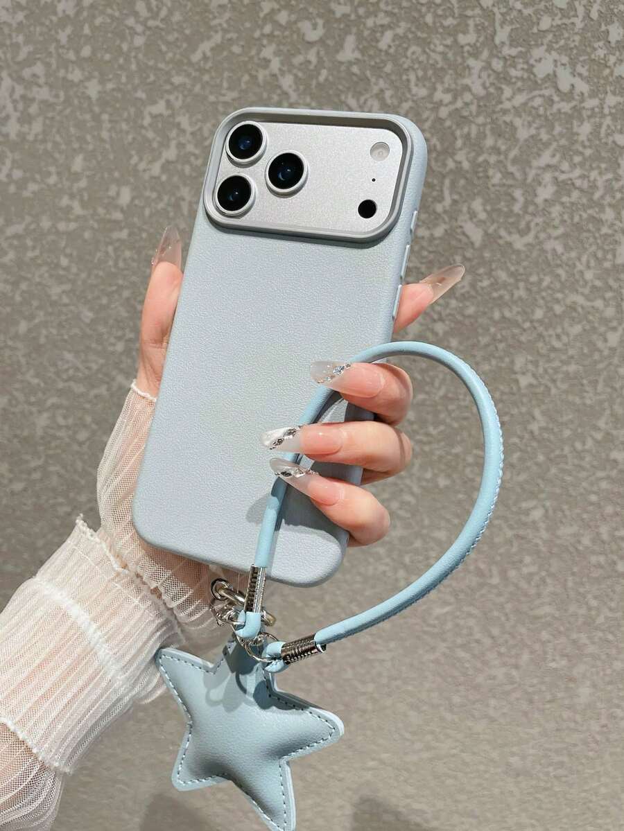 Minimalist Faux Leather Texture Solid Color Phone Case | Fresh Blue Phone Case With Blue Star Design And Adjustable Lanyard - Compatible With Apple 17 Air/17 Pro Max/Apple 16/15 Pro/Pro Max/Plus S25 Ultra/S25 FE/S20/S24 Plus/ Phones | Delicate Leather Texture, Providing Soft Touch And Scratch Protection, Minimalist Winter Commute Highlight For Boys And Girls