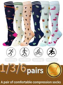 1/3/6 Pairs Unisex Long Compression Socks, Breathable Knee-High Design Suitable For Running, Cycling, Hiking, Football And Travel - Multicolor - View 5