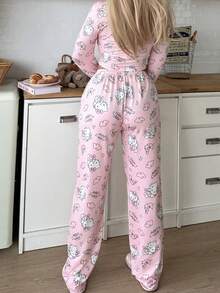 Sanrio 2pcs Hello Kitty Women's Round Neck Short Printed Long Sleeve Top + Elastic Waist Pants Cute Pajama Set - Pink - View 4
