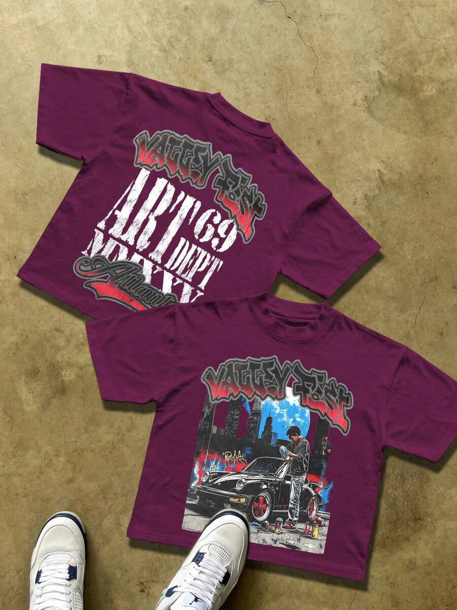 EMCGICC Street Life Men's Y2k Style (220 Pure Cotton T-Shirt)  Retro Graphic Funny Double-Sided Printing,Halloween ,Men's Summer Tops Round Neck Short Sleeve Casual T-Shirt,Summer Street Sports Life Men's - 中紫紅色 - 查看 1