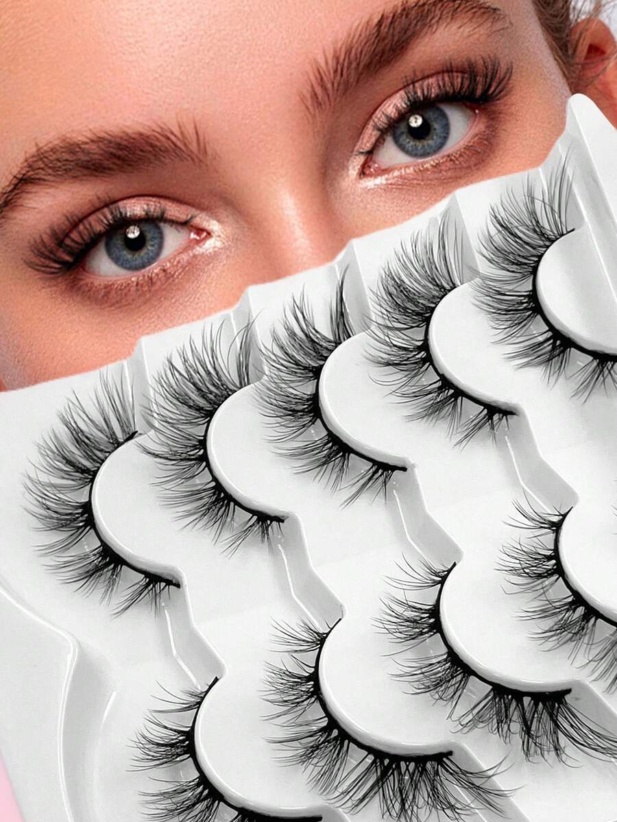 ENCHUW 5 pares de pestañas postizas naturales, suaves y esponjosas con rizado 3D, adecuadas para uso diario, citas y fiestas - Negro - Ver 1