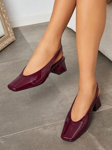 2026 New French Chunky Heel Closed Toe Sandals, Elegant High-End Wine Red Mid-Low Heel Metal Square Toe High Heels, Comfortable Elegant Women High Heels - Burgundy - View 1