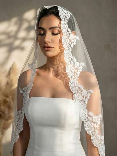 1pc Lace Bridal Veil Without Comb, Elegant Veil Suitable For Wedding Dress, Church Wedding Headpiece