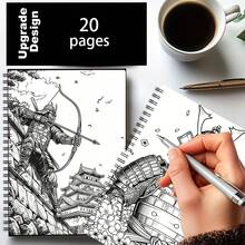 1pc, 20 Pages Japanese Samurai Drawing Book, Traditional Japanese Samurai Imagery, Sengoku Period. Reinforced YO Ring, Sturdy And Durable (Pen Not Included) - Single Piece - View 3