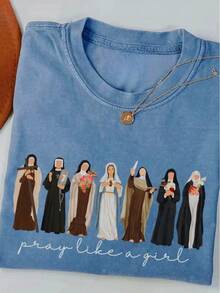 Women's Washed T-Shirts, Fun Printed T-Shirts,Saint Shirt: Pray Like A Girl Confirmation Tee Catholic Daughter,St Therese Gift,Catholic Mom Gift,Catholic Saint Shirt,Cute Catholic Shirts,Catholic Shirt Women,,Virgin Mary Tshirt,Female Catholic Tees,Catholic Gifts,Summer Outfits - 藍色 - 查看 1