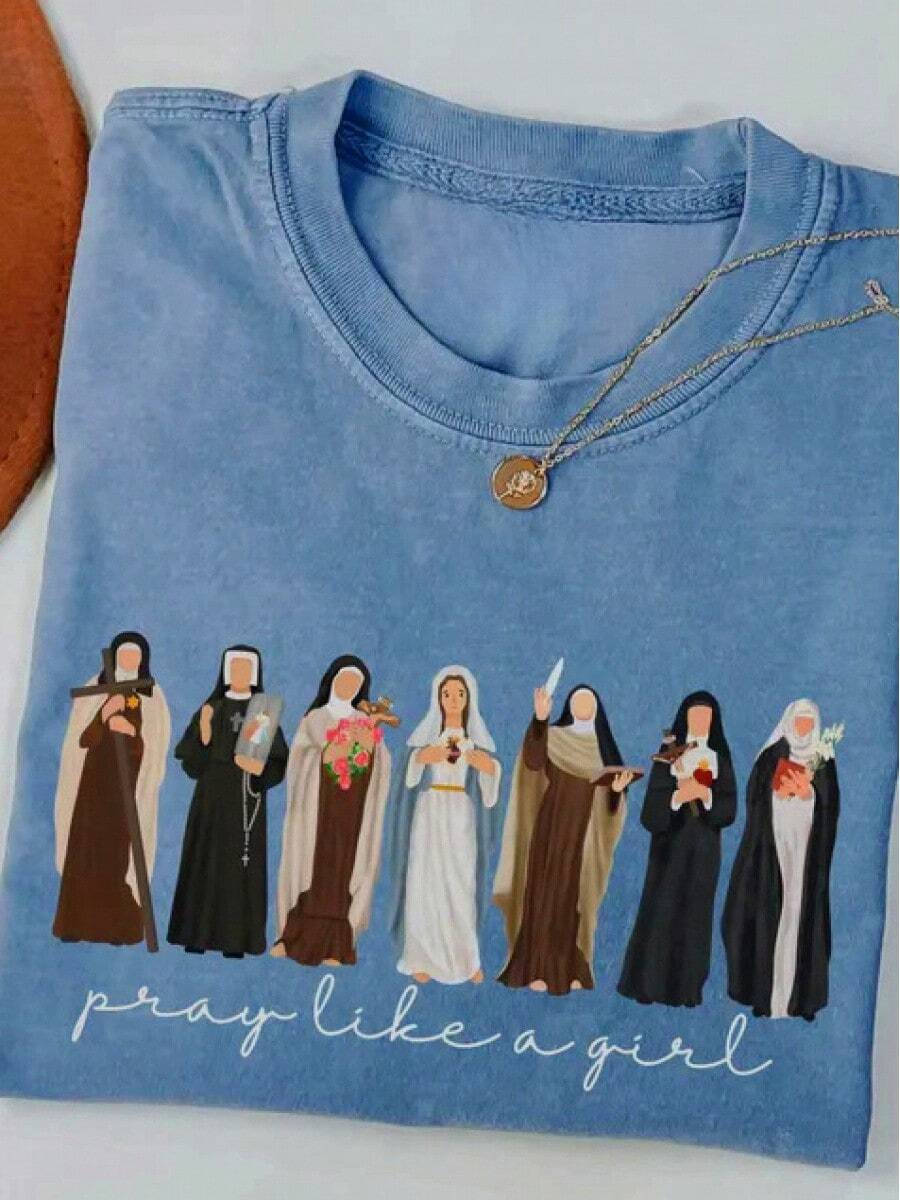 Women's Washed T-Shirts, Fun Printed T-Shirts,Saint Shirt: Pray Like A Girl Confirmation Tee Catholic Daughter,St Therese Gift,Catholic Mom Gift,Catholic Saint Shirt,Cute Catholic Shirts,Catholic Shirt Women,,Virgin Mary Tshirt,Female Catholic Tees,Catholic Gifts,Summer Outfits - 藍色 - 查看 1
