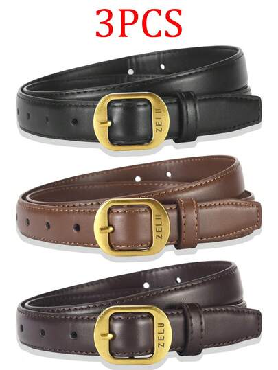 3PCS/1PC 2026 New Women's Gold Square Alloy Buckle Belt, Minimalist Solid Color, Durable PU Material, Adjustable Length - Fashionable Accessory, Versatile For Casual, Sports, Formal, Commute Wear, Pairs Well With Jeans, Pants, Skirts, Dresses - Perfect Gift For Easter, Holidays, Birthdays
