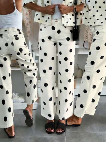Women's Retro Polka Dot Wide Leg Jeans, Mid-Waist Loose Stretch Casual Pants, Fashionable Personalized Street Style Denim Trousers