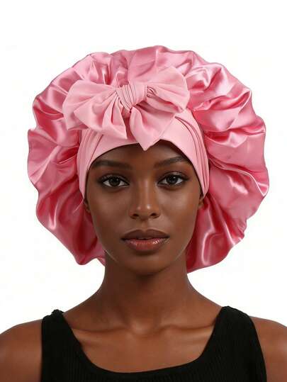 1pc Satin Bow Tie Elastic Lightweight Shower Cap, Solid Color, For Women & Girls, Black, Valentine's Day Gift Sleep Bonnet
