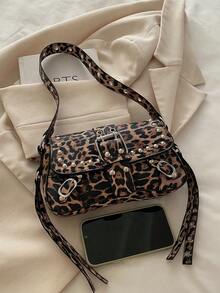 Fashion Contrasting Leopard Print Rivet Decoration Punk Underarm Foreskin Buckle Flip Shoulder Bag, Suitable For Shopping, Wallets, Shopping, Young Women, College Students, Newcomers, White-Collar Workers. They Are Very Suitable For Offices, Universities, Work, Business, Commuting, Outdoor Activities, Travel, And Outings, Fall Winter Fashionable Cheetah Print Purse For Women, New Fall Winter Tiger Print Bag For Women , Leopard Cheetah Print , Punk - 彩色 - 查看 5