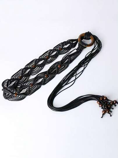 1件装女士波西米亚复古编织腰带，配木珠和蜡绳，手工打结腰绳