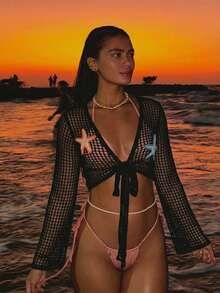 Women's Sexy Semi-Sheer Knitted Mesh Cover Up With Starfish Pattern, Perfect For Beach Vacation - Black - View 1